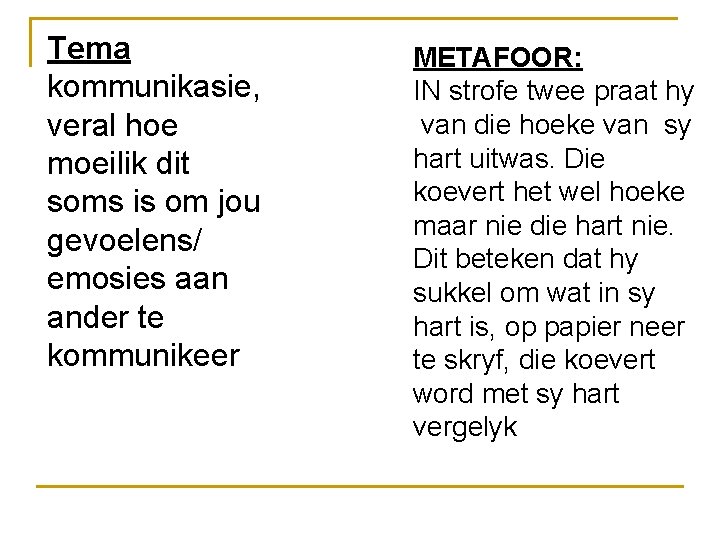 Tema kommunikasie, veral hoe moeilik dit soms is om jou gevoelens/ emosies aan ander