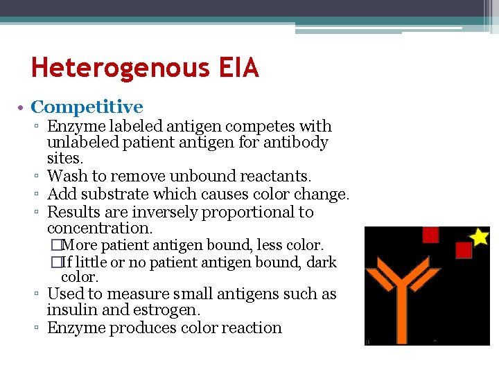 Heterogenous EIA • Competitive ▫ Enzyme labeled antigen competes with unlabeled patient antigen for