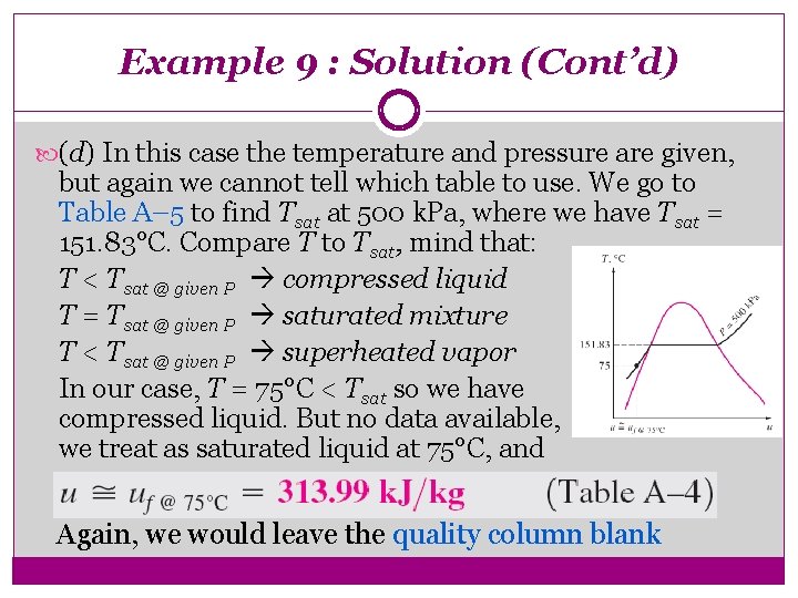 Example 9 : Solution (Cont’d) (d) In this case the temperature and pressure are