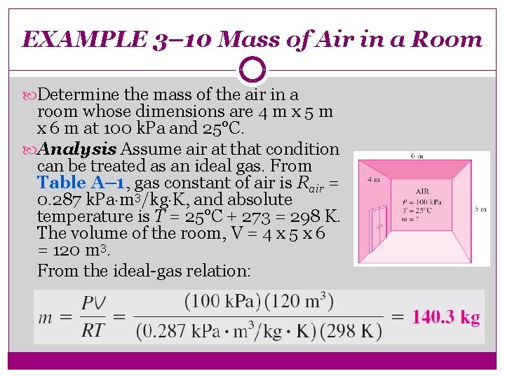 EXAMPLE 3– 10 Mass of Air in a Room Determine the mass of the