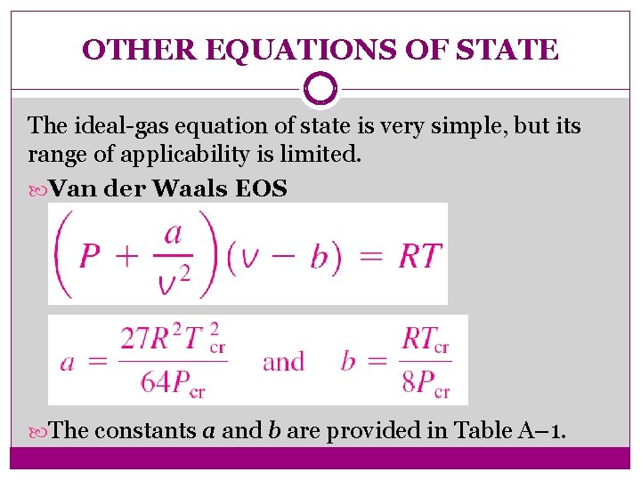 OTHER EQUATIONS OF STATE The ideal-gas equation of state is very simple, but its