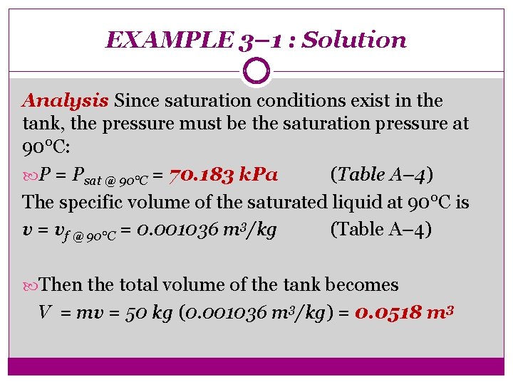 EXAMPLE 3– 1 : Solution Analysis Since saturation conditions exist in the tank, the