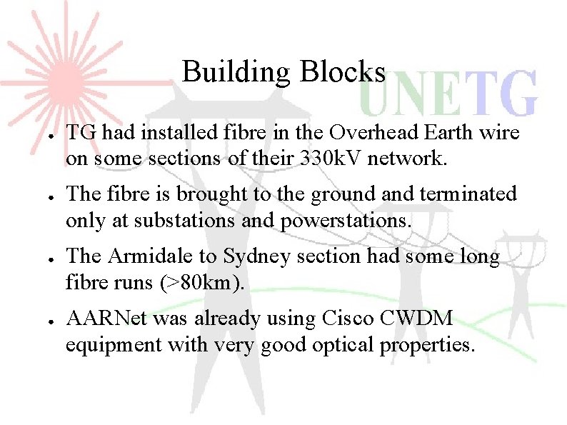 Building Blocks ● ● TG had installed fibre in the Overhead Earth wire on