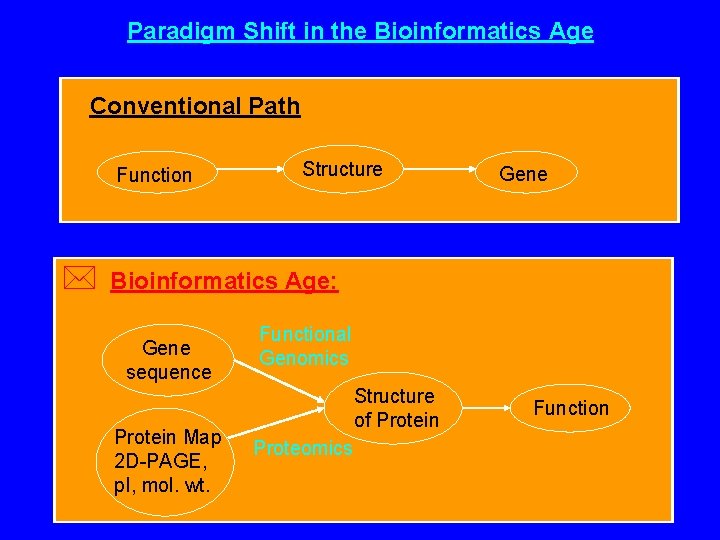 Paradigm Shift in the Bioinformatics Age Conventional Path Function * Structure Gene Bioinformatics Age: