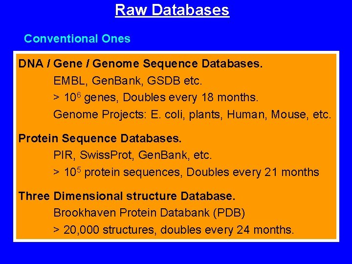 Raw Databases Conventional Ones DNA / Gene / Genome Sequence Databases. EMBL, Gen. Bank,