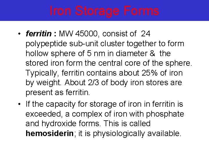 Iron Storage Forms • ferritin : MW 45000, consist of 24 polypeptide sub-unit cluster