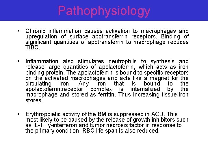 Pathophysiology • Chronic inflammation causes activation to macrophages and upregulation of surface apotransferrin receptors.
