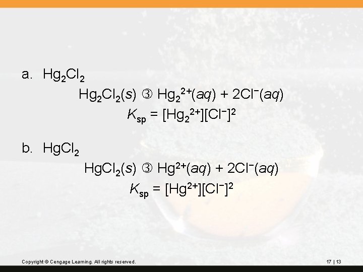 a. Hg 2 Cl 2(s) Hg 22+(aq) + 2 Cl−(aq) Ksp = [Hg 22+][Cl−]2