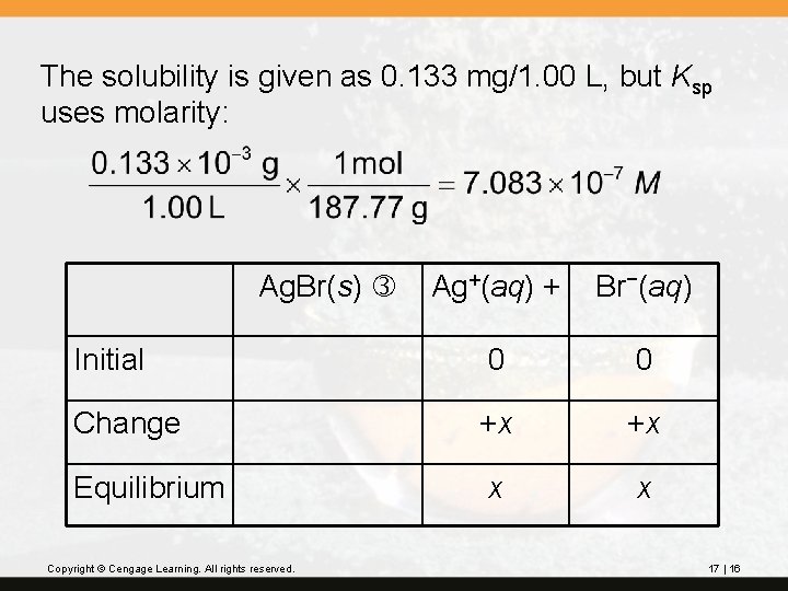 The solubility is given as 0. 133 mg/1. 00 L, but Ksp uses molarity: