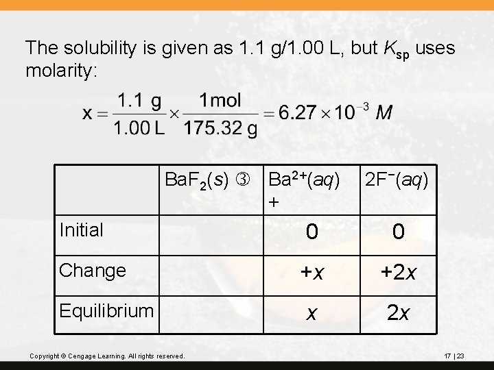 The solubility is given as 1. 1 g/1. 00 L, but Ksp uses molarity: