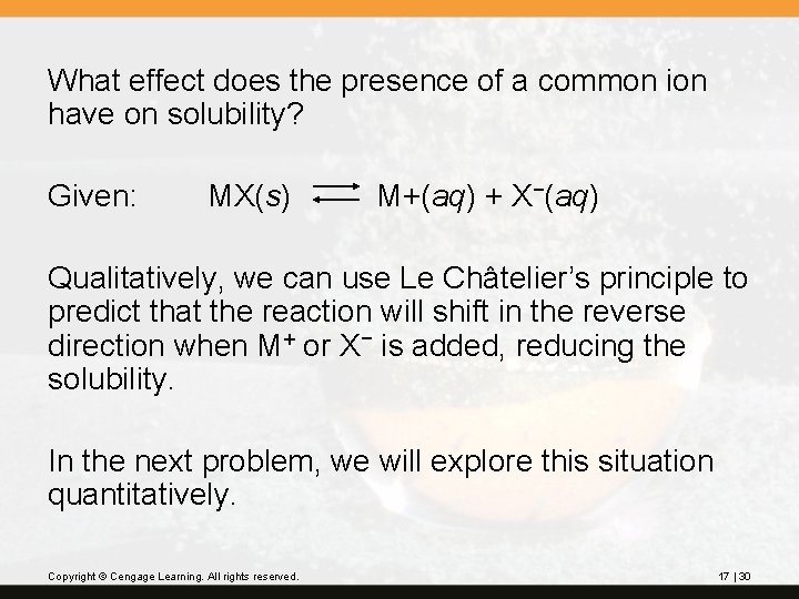 What effect does the presence of a common ion have on solubility? Given: MX(s)