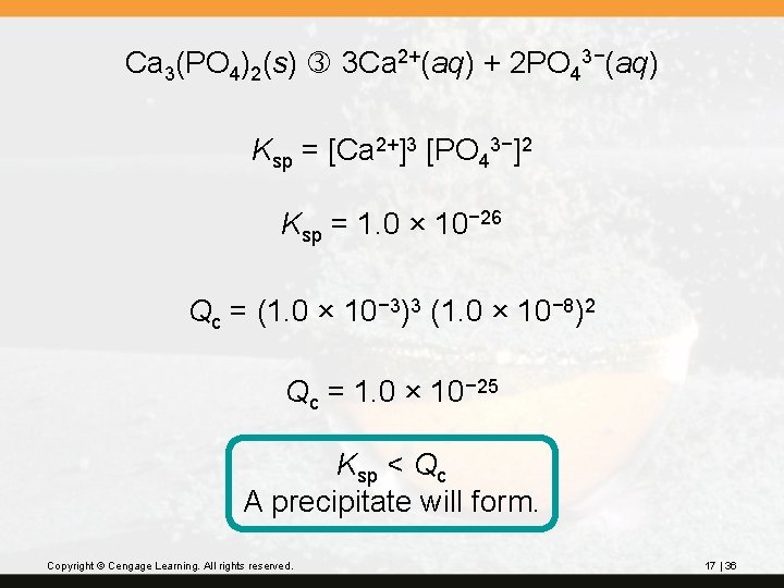 Ca 3(PO 4)2(s) 3 Ca 2+(aq) + 2 PO 43−(aq) Ksp = [Ca 2+]3