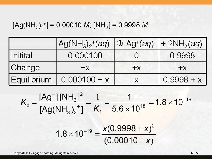 [Ag(NH 3)2+] = 0. 00010 M; [NH 3] = 0. 9998 M Ag(NH 3)2+(aq)