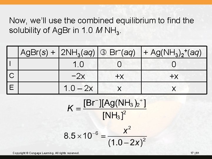 Now, we’ll use the combined equilibrium to find the solubility of Ag. Br in