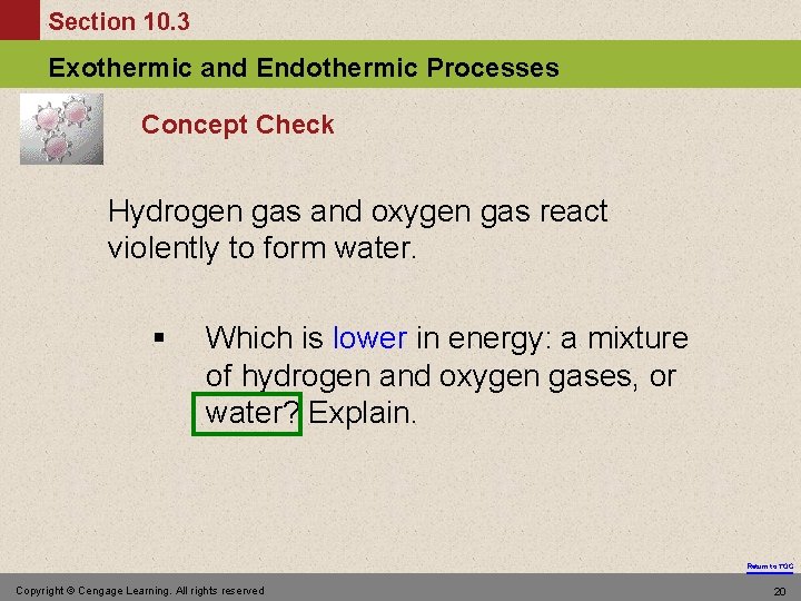 Section 10. 3 Exothermic and Endothermic Processes Concept Check Hydrogen gas and oxygen gas