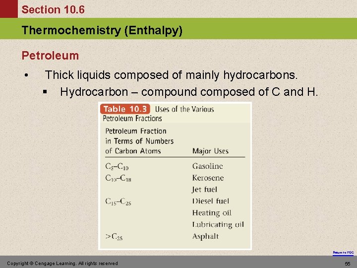 Section 10. 6 Thermochemistry (Enthalpy) Petroleum • Thick liquids composed of mainly hydrocarbons. §