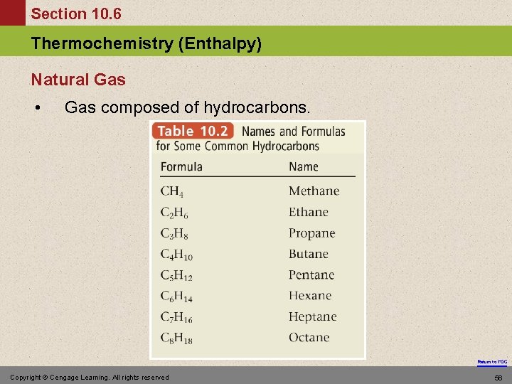 Section 10. 6 Thermochemistry (Enthalpy) Natural Gas • Gas composed of hydrocarbons. Return to