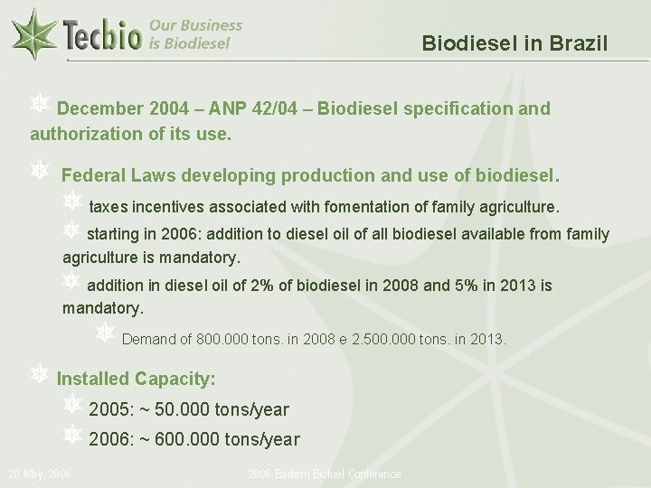 Biodiesel in Brazil December 2004 – ANP 42/04 – Biodiesel specification and authorization of