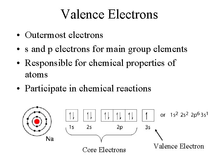Valence Electrons • Outermost electrons • s and p electrons for main group elements