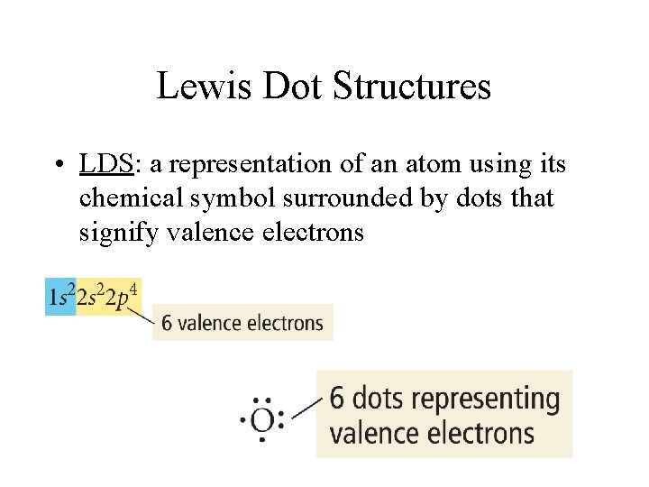 Lewis Dot Structures • LDS: a representation of an atom using its chemical symbol