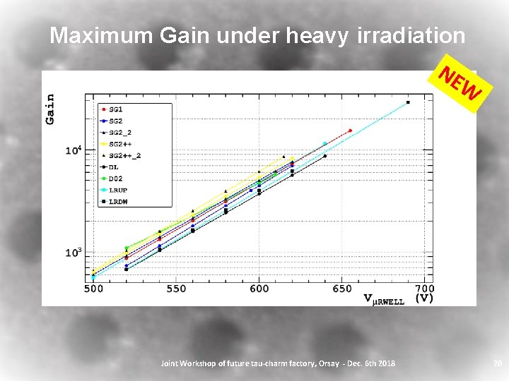Maximum Gain under heavy irradiation NE W Joint Workshop of future tau-charm factory, Orsay