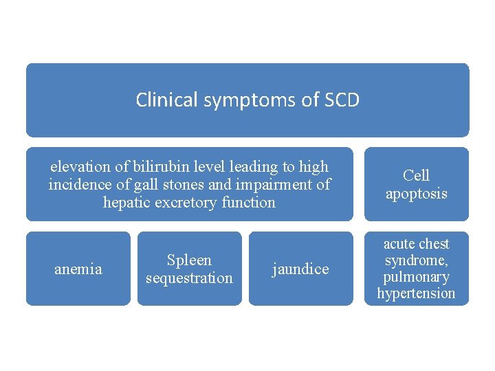 Clinical symptoms of SCD elevation of bilirubin level leading to high incidence of gall
