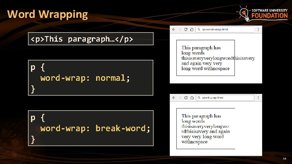 Word Wrapping <p>This paragraph…</p> p { word-wrap: normal; } p { word-wrap: break-word; }