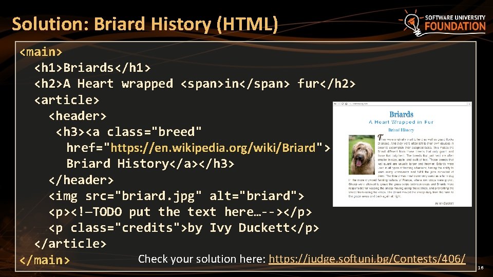 Solution: Briard History (HTML) <main> <h 1>Briards</h 1> <h 2>A Heart wrapped <span>in</span> fur</h