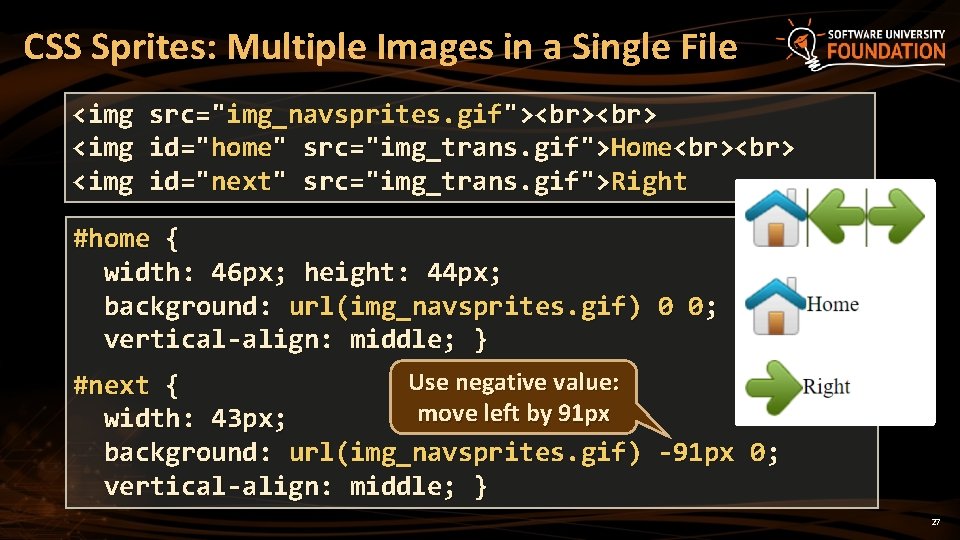 CSS Sprites: Multiple Images in a Single File <img src="img_navsprites. gif"> <img id="home" src="img_trans.