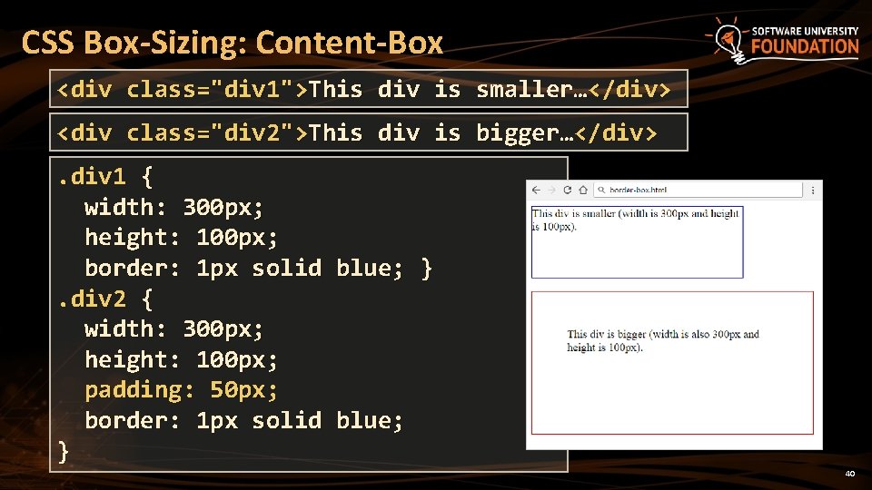 CSS Box-Sizing: Content-Box <div class="div 1">This div is smaller…</div> <div class="div 2">This div is
