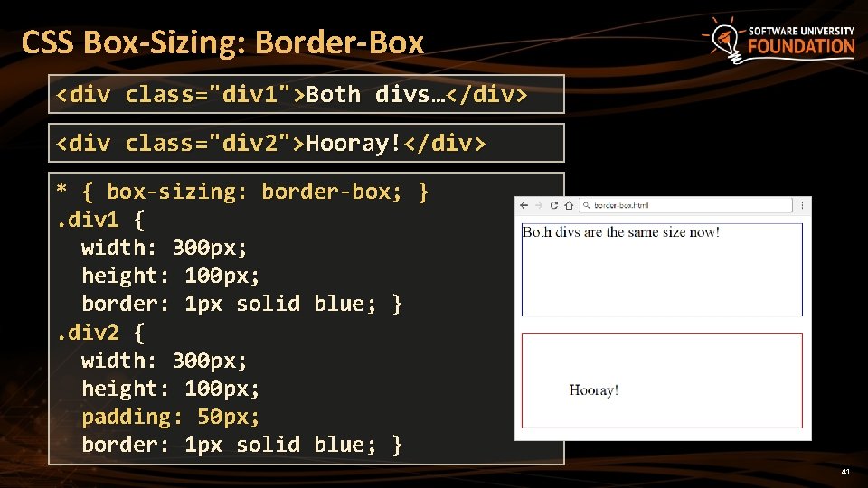 CSS Box-Sizing: Border-Box <div class="div 1">Both divs…</div> <div class="div 2">Hooray!</div> * { box-sizing: border-box;