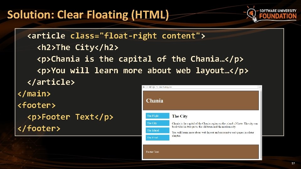 Solution: Clear Floating (HTML) <article class="float-right content"> <h 2>The City</h 2> <p>Chania is the