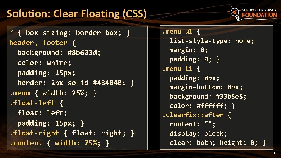 Solution: Clear Floating (CSS) * { box-sizing: border-box; } header, footer { background: #8