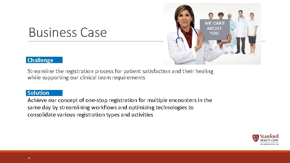 Business Case Challenge Streamline the registration process for patient satisfaction and their healing while