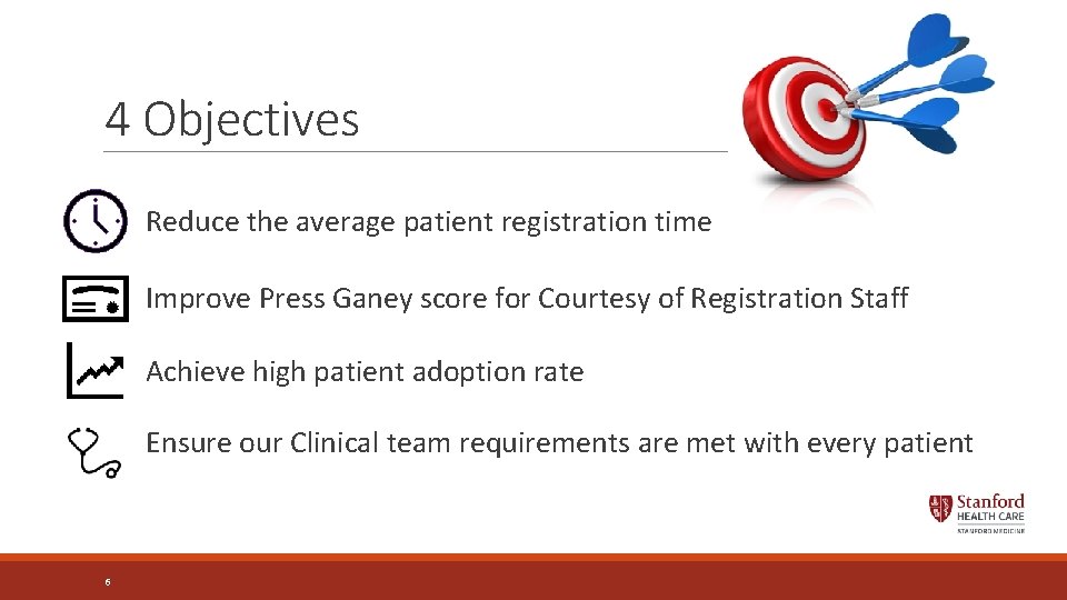 4 Objectives Reduce the average patient registration time Improve Press Ganey score for Courtesy