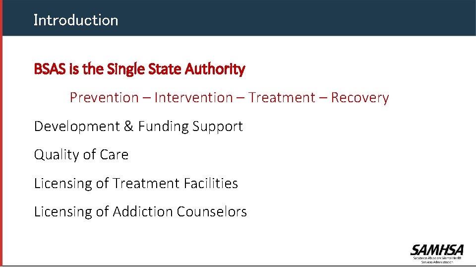 Introduction BSAS is the Single State Authority Prevention – Intervention – Treatment – Recovery