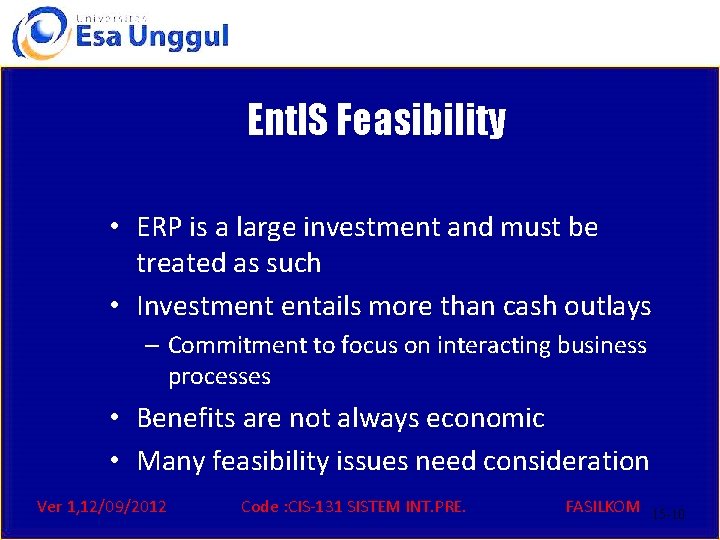 Ent. IS Feasibility • ERP is a large investment and must be treated as