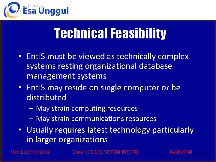Technical Feasibility • Ent. IS must be viewed as technically complex systems resting organizational