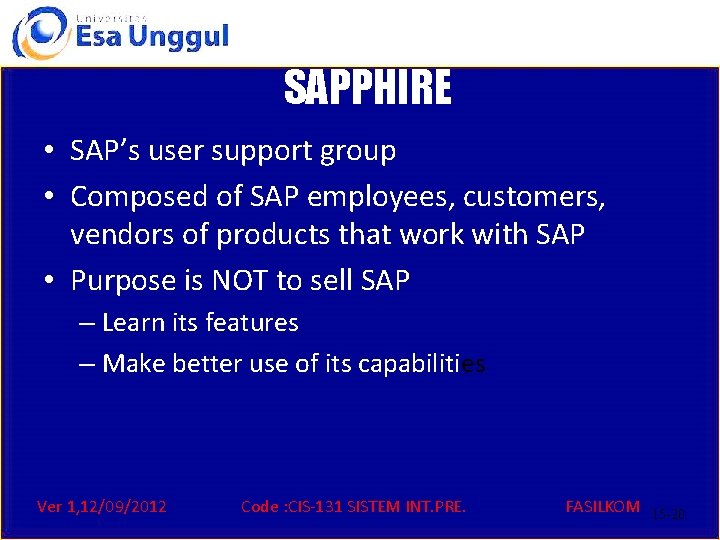 SAPPHIRE • SAP’s user support group • Composed of SAP employees, customers, vendors of