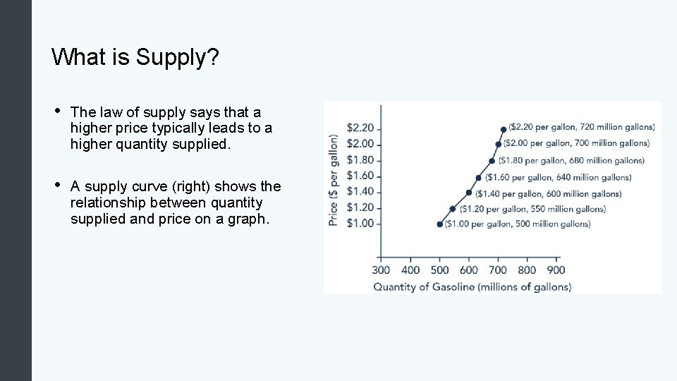What is Supply? • The law of supply says that a higher price typically