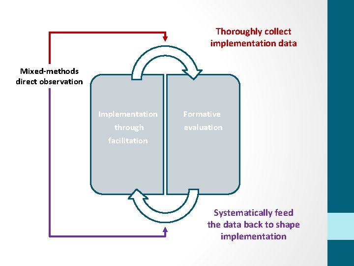 Thoroughly collect implementation data Mixed-methods direct observation Implementation through facilitation Formative evaluation Systematically feed