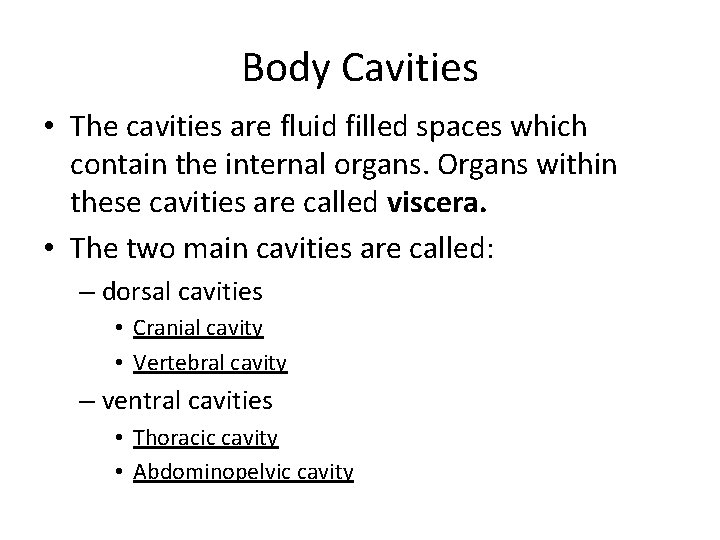 Body Cavities • The cavities are fluid filled spaces which contain the internal organs.