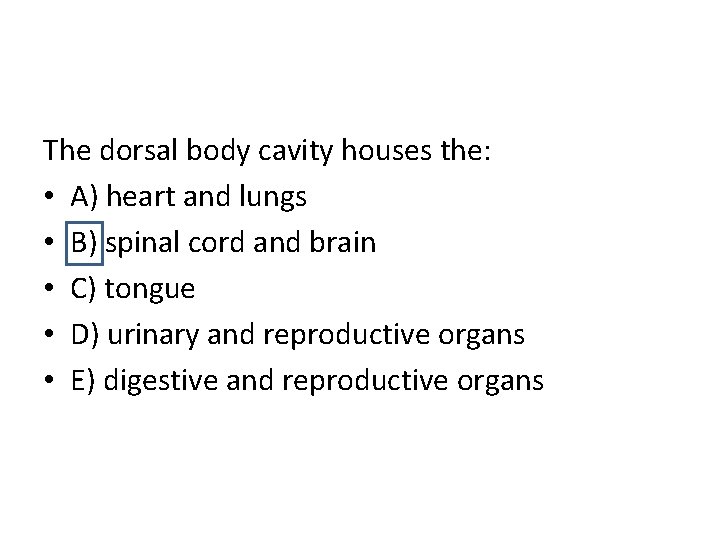 The dorsal body cavity houses the: • A) heart and lungs • B) spinal