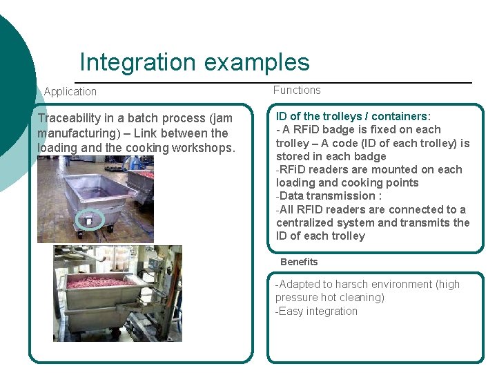 Integration examples Application Traceability in a batch process (jam manufacturing) – Link between the