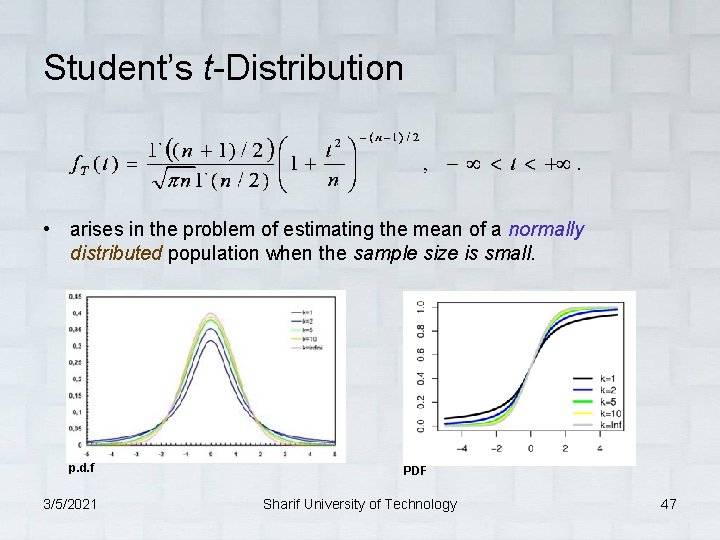 Student’s t-Distribution • arises in the problem of estimating the mean of a normally