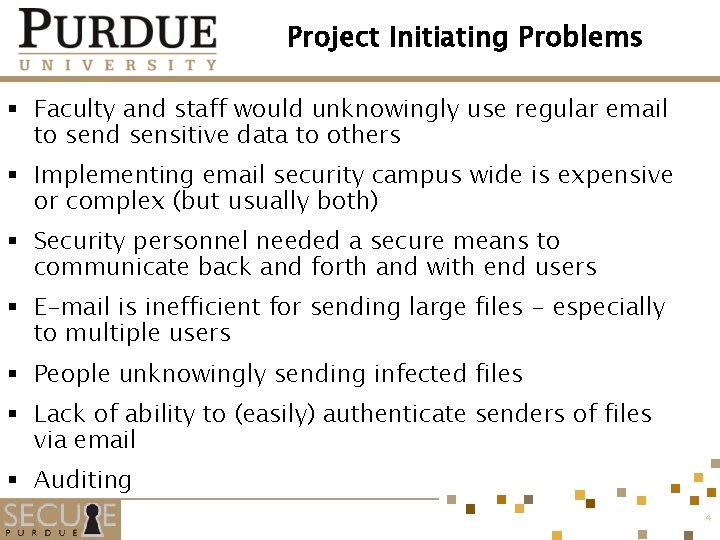 Project Initiating Problems § Faculty and staff would unknowingly use regular email to send