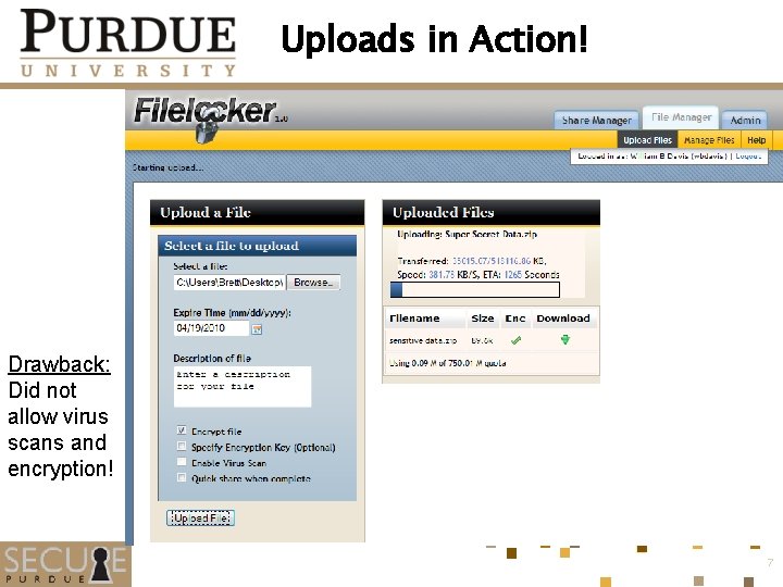 Uploads in Action! Drawback: Did not allow virus scans and encryption! 7 