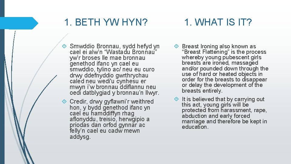 1. BETH YW HYN? Smwddio Bronnau, sydd hefyd yn cael ei alw’n “Wastadu Bronnau”
