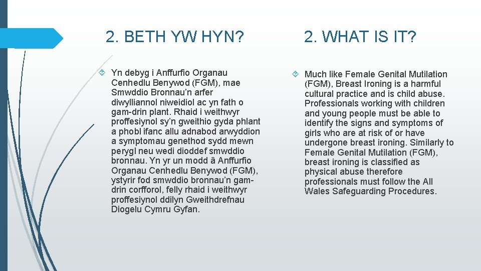 2. BETH YW HYN? Yn debyg i Anffurfio Organau Cenhedlu Benywod (FGM), mae Smwddio