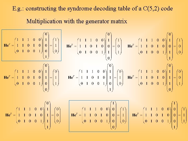 E. g. : constructing the syndrome decoding table of a C(5, 2) code Multiplication